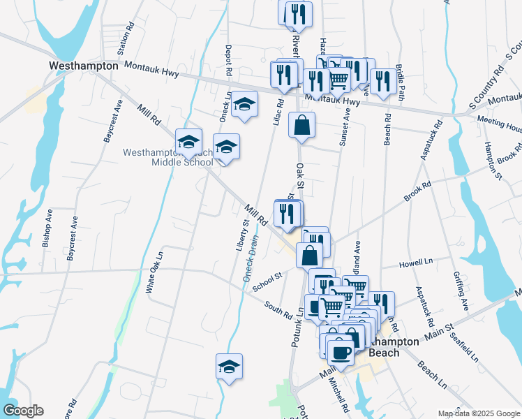 map of restaurants, bars, coffee shops, grocery stores, and more near 2 Lilac Road in Westhampton Beach