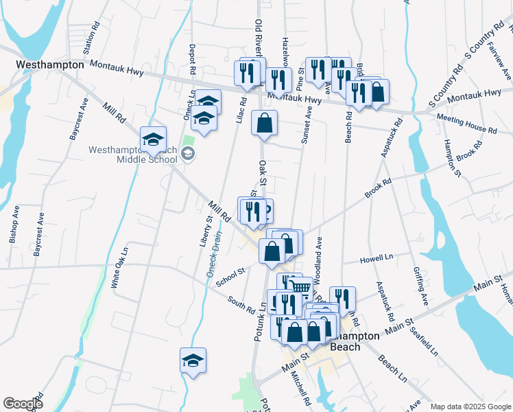 map of restaurants, bars, coffee shops, grocery stores, and more near 20 Maple Street in Westhampton Beach