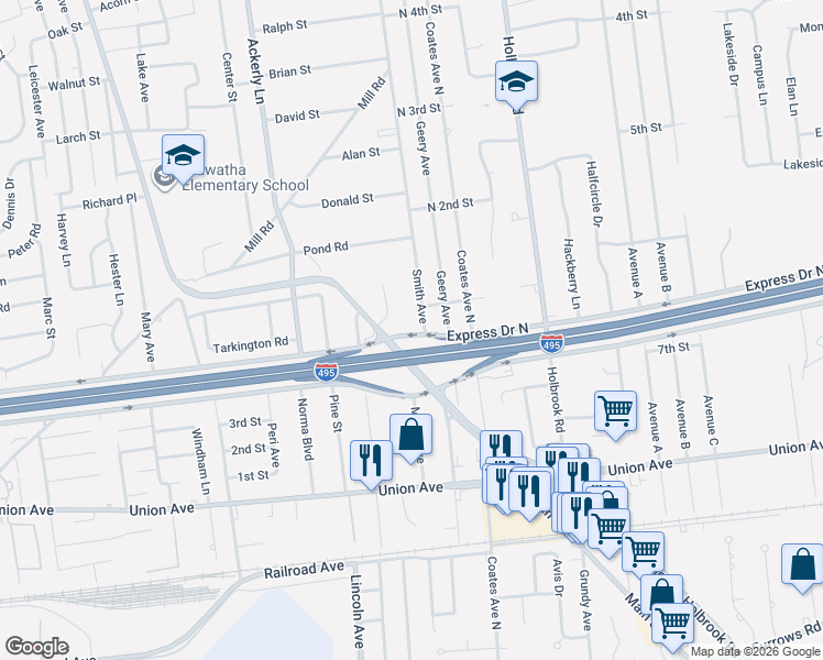 map of restaurants, bars, coffee shops, grocery stores, and more near 98 Smith Avenue in Holbrook