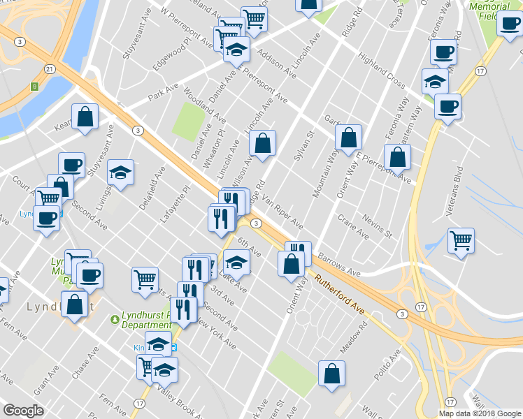 map of restaurants, bars, coffee shops, grocery stores, and more near 11 Barrows Avenue in Rutherford