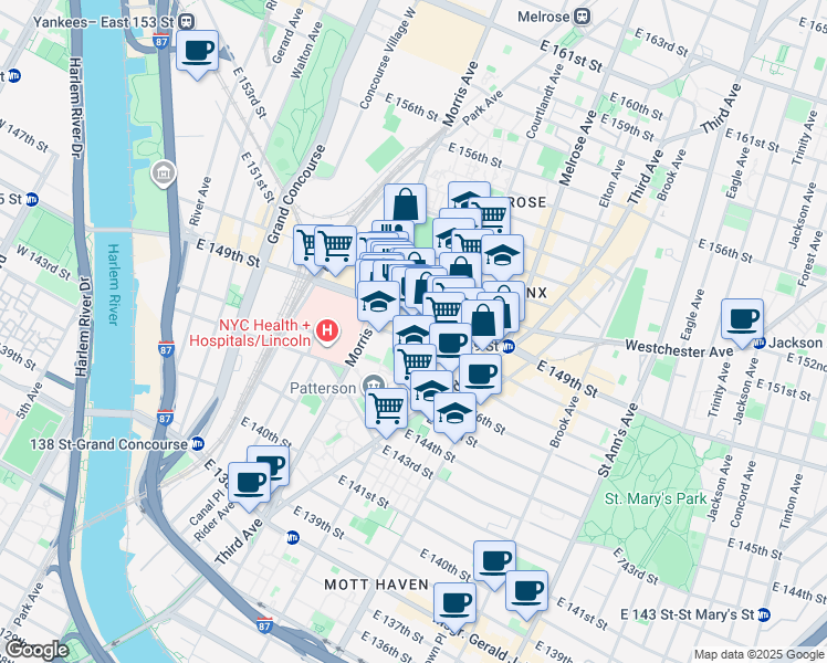 map of restaurants, bars, coffee shops, grocery stores, and more near 311 East 148th Street in The Bronx