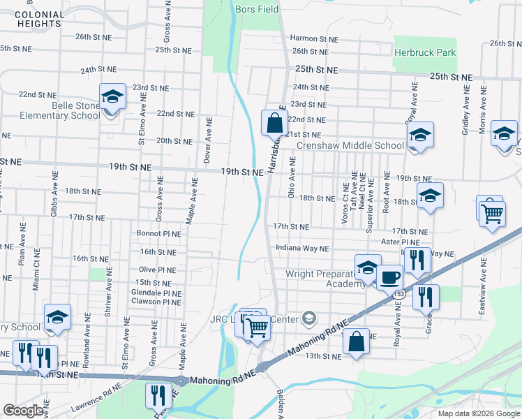 map of restaurants, bars, coffee shops, grocery stores, and more near 1723 Harrisburg Road Northeast in Canton