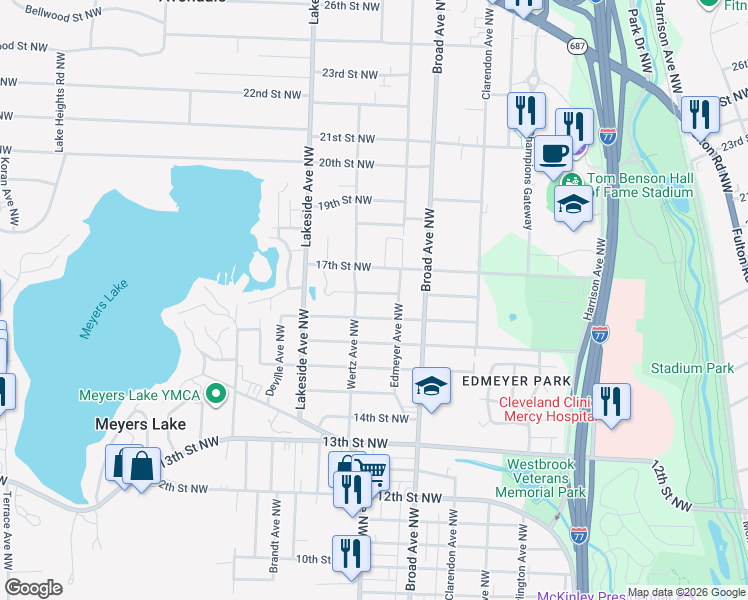map of restaurants, bars, coffee shops, grocery stores, and more near 2928 Joseph Street Northwest in Canton