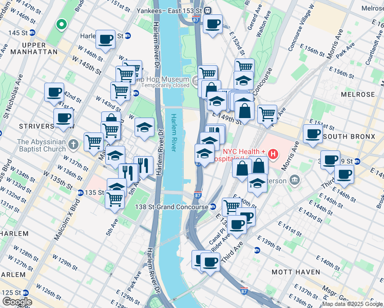 map of restaurants, bars, coffee shops, grocery stores, and more near 355 Exterior Street in The Bronx