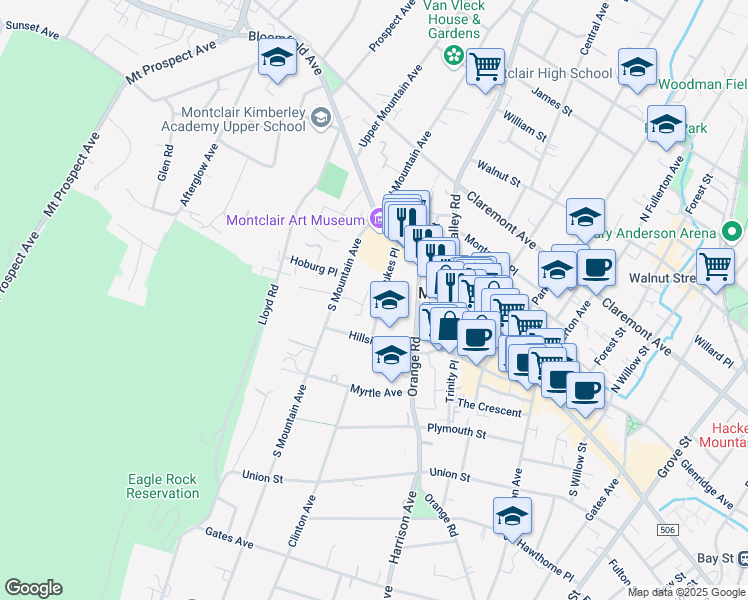 map of restaurants, bars, coffee shops, grocery stores, and more near 34 Saint Lukes Place in Montclair