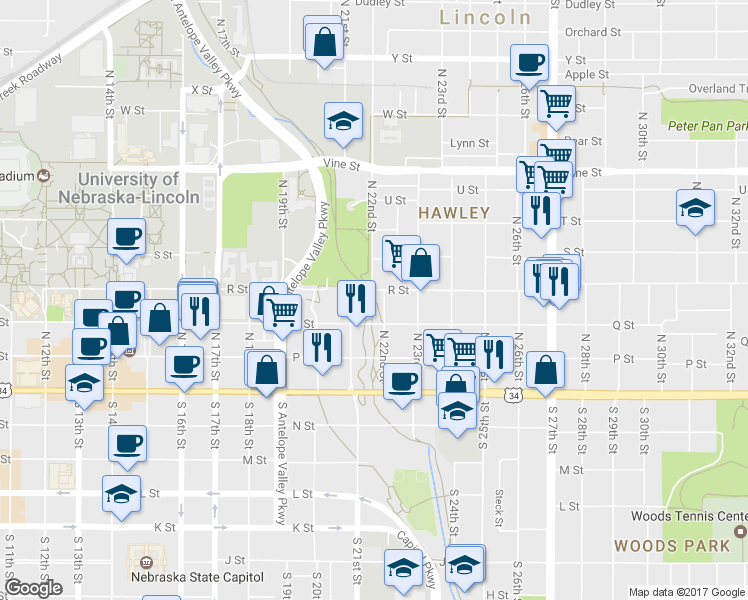 map of restaurants, bars, coffee shops, grocery stores, and more near 2137 R St in Lincoln