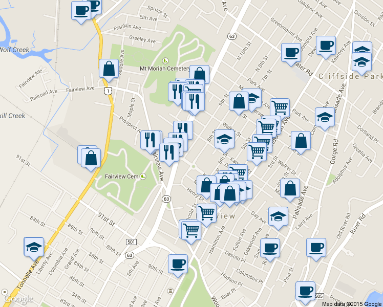 map of restaurants, bars, coffee shops, grocery stores, and more near 184 9th Street in Fairview