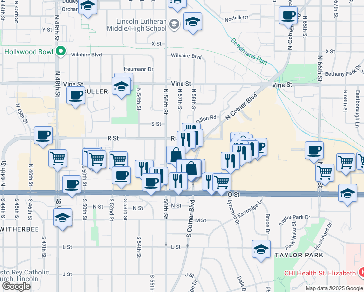map of restaurants, bars, coffee shops, grocery stores, and more near 333 North Cotner Boulevard in Lincoln