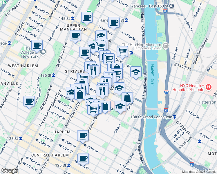 map of restaurants, bars, coffee shops, grocery stores, and more near 561 Malcolm X Boulevard in New York