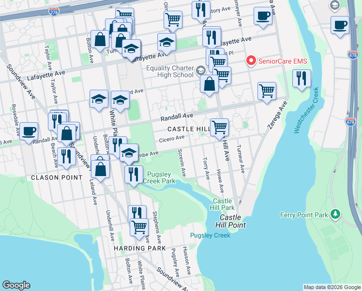 map of restaurants, bars, coffee shops, grocery stores, and more near 501 Olmstead Avenue in Bronx