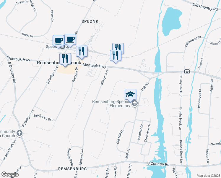 map of restaurants, bars, coffee shops, grocery stores, and more near 45 Bridle Path in Remsenburg-Speonk