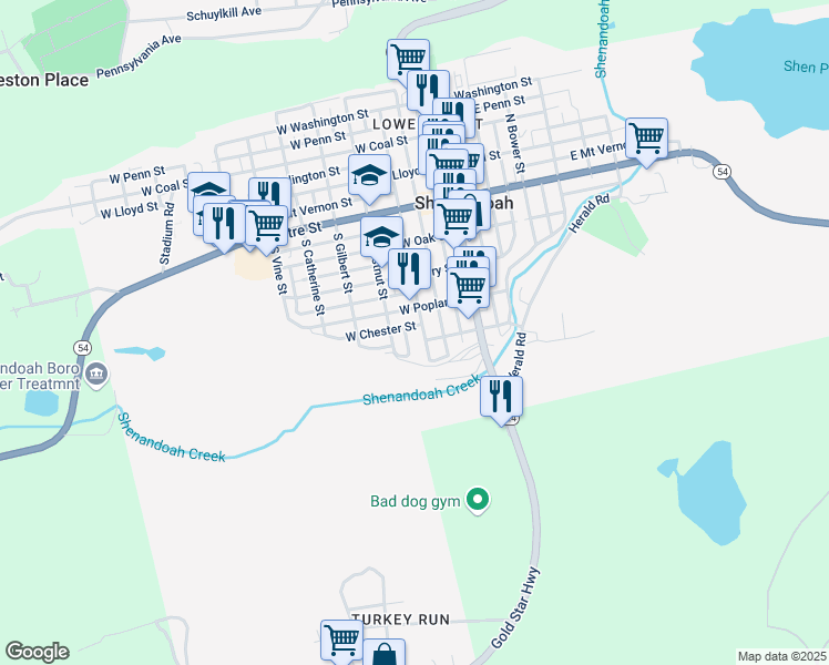 map of restaurants, bars, coffee shops, grocery stores, and more near 342 South West Street in Shenandoah