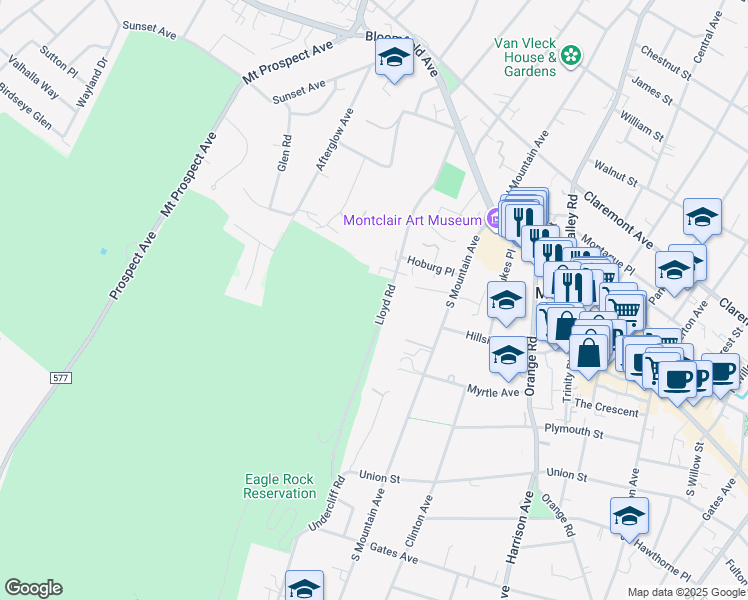 map of restaurants, bars, coffee shops, grocery stores, and more near 80 Lloyd Road in Montclair