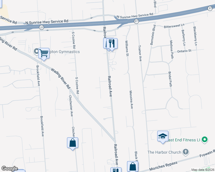 map of restaurants, bars, coffee shops, grocery stores, and more near 326 Railroad Avenue in Center Moriches