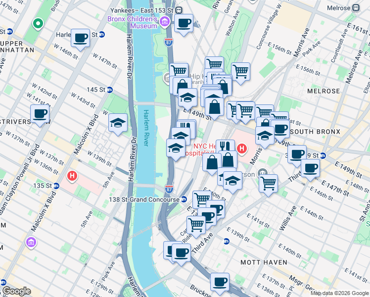 map of restaurants, bars, coffee shops, grocery stores, and more near 120 East 144th Street in The Bronx