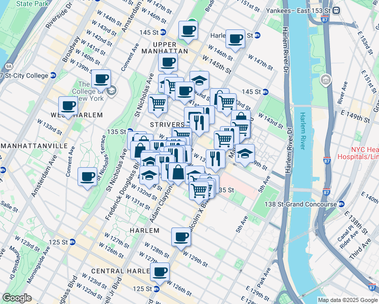 map of restaurants, bars, coffee shops, grocery stores, and more near 7th Ave & W 137th St in New York