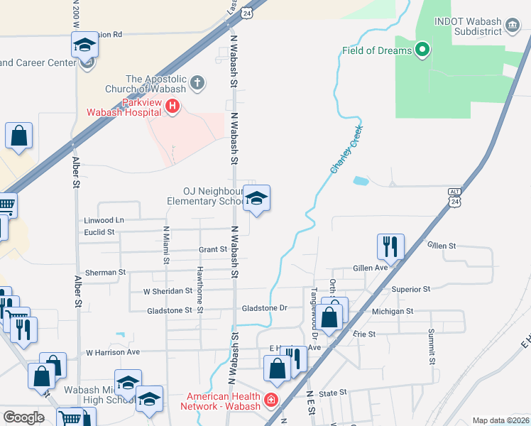 map of restaurants, bars, coffee shops, grocery stores, and more near 1545 North Wabash Street in Wabash