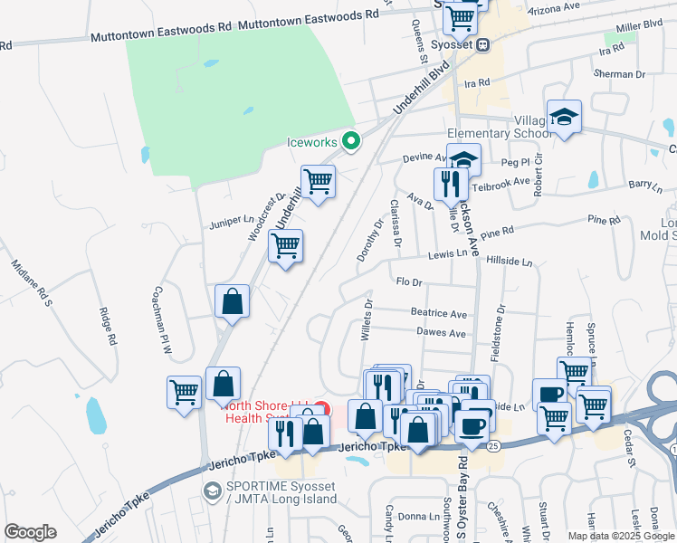 map of restaurants, bars, coffee shops, grocery stores, and more near 58 Lewis Lane in Syosset
