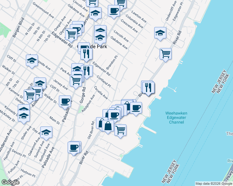 map of restaurants, bars, coffee shops, grocery stores, and more near 20 Edgewater Road in Cliffside Park