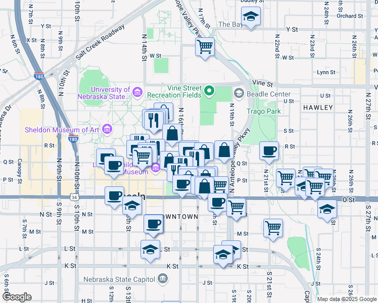 map of restaurants, bars, coffee shops, grocery stores, and more near 1619 R Street in Lincoln