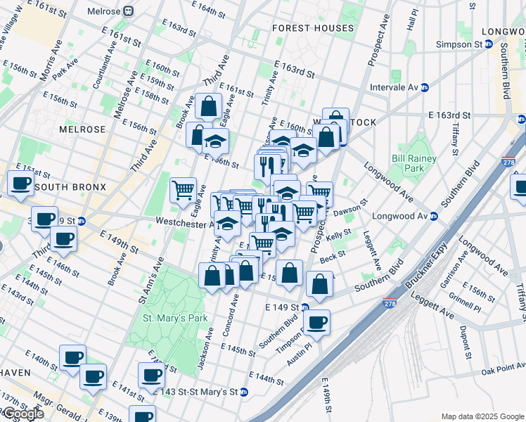 map of restaurants, bars, coffee shops, grocery stores, and more near 700 Wchester Avenue in Bronx
