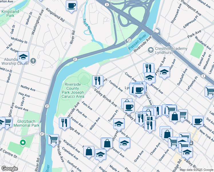 map of restaurants, bars, coffee shops, grocery stores, and more near 274 Watson Avenue in Lyndhurst