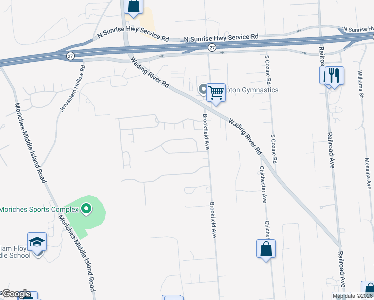 map of restaurants, bars, coffee shops, grocery stores, and more near 14 Emilie Drive in Center Moriches