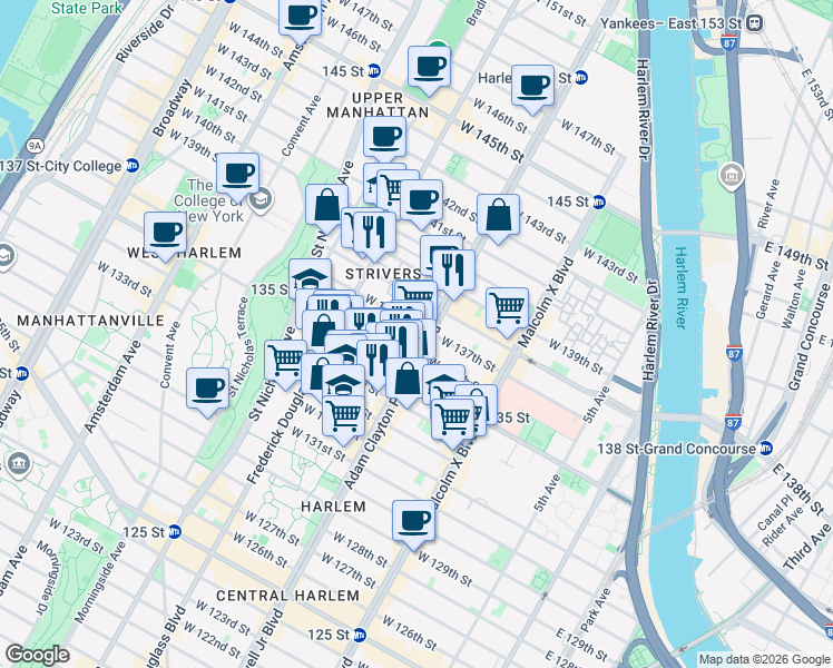 map of restaurants, bars, coffee shops, grocery stores, and more near 215 West 136th Street in New York