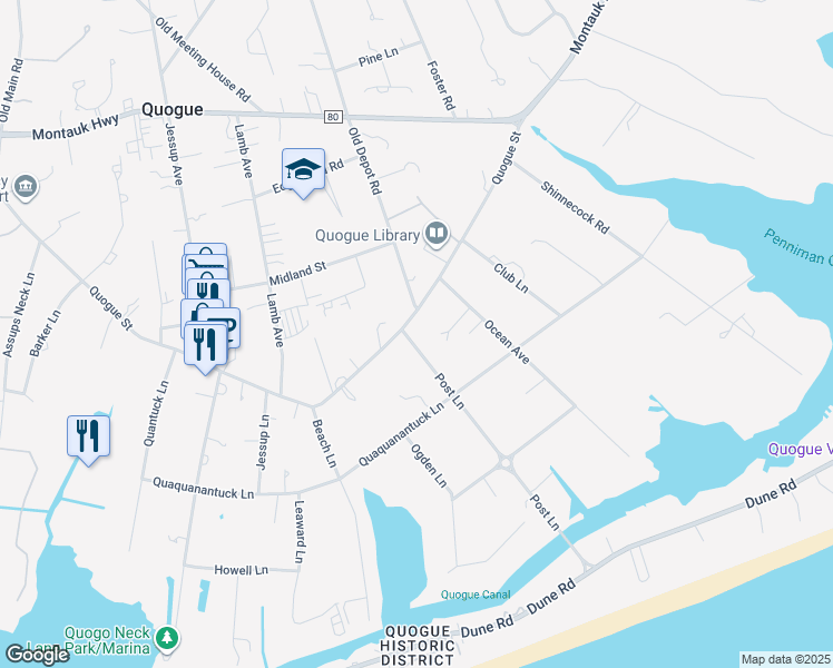 map of restaurants, bars, coffee shops, grocery stores, and more near 2 Post Lane in Quogue