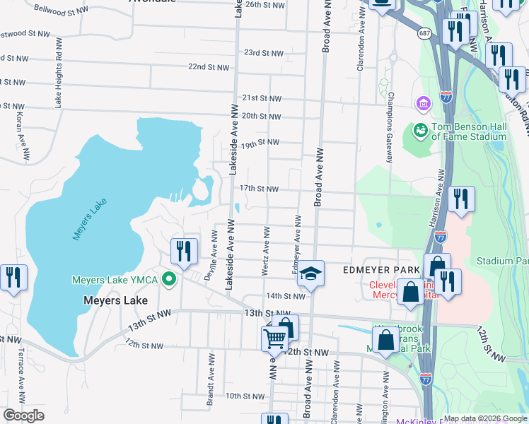 map of restaurants, bars, coffee shops, grocery stores, and more near 3018 Joseph Street Northwest in Canton