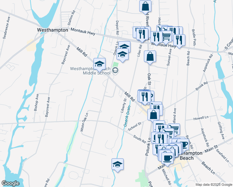 map of restaurants, bars, coffee shops, grocery stores, and more near 4 Bishop Place in Westhampton Beach
