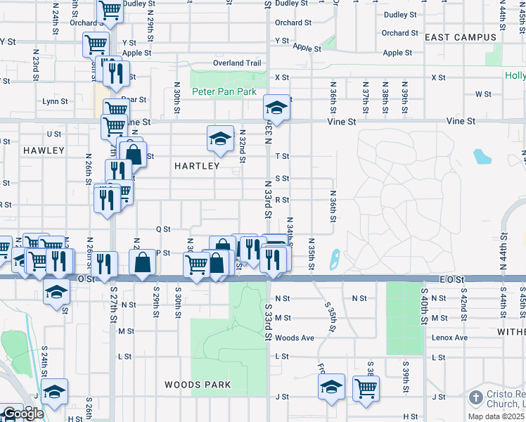 map of restaurants, bars, coffee shops, grocery stores, and more near 375 North 33rd Street in Lincoln