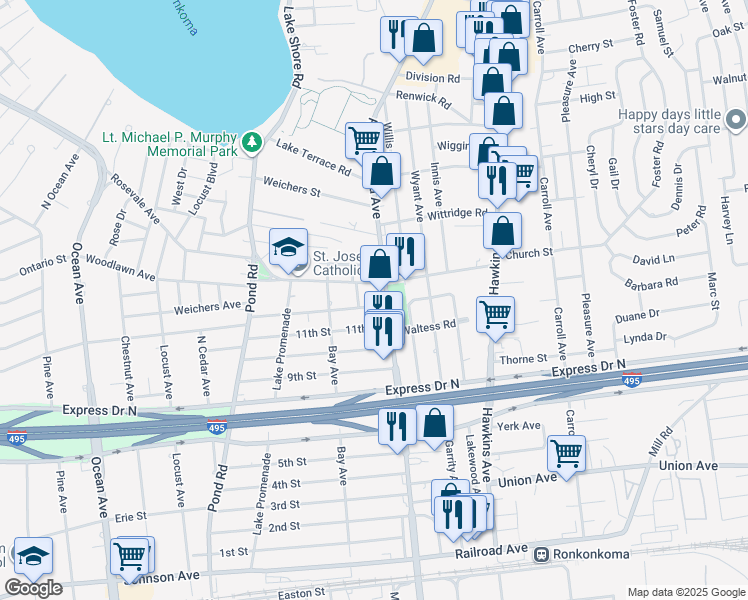 map of restaurants, bars, coffee shops, grocery stores, and more near 5 12th Street in Lake Ronkonkoma