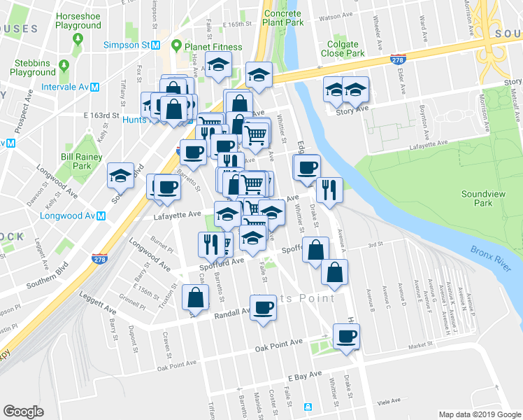 map of restaurants, bars, coffee shops, grocery stores, and more near 1312 Lafayette Avenue in Bronx
