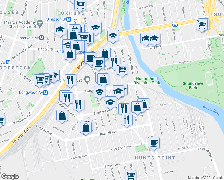 map of restaurants, bars, coffee shops, grocery stores, and more near 1312 Lafayette Avenue in Bronx