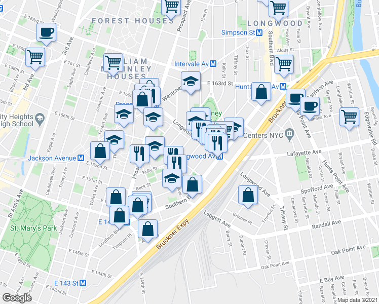 map of restaurants, bars, coffee shops, grocery stores, and more near 757 Beck Street in The Bronx