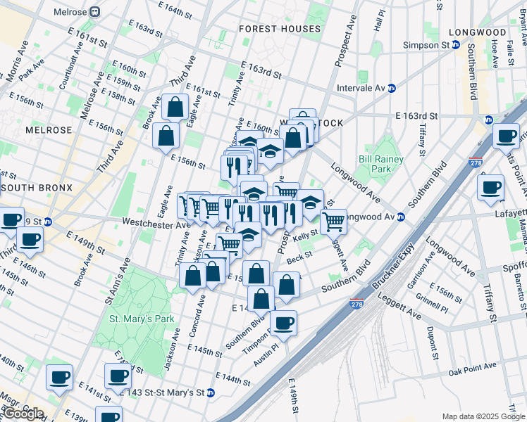 map of restaurants, bars, coffee shops, grocery stores, and more near 690 Tinton Avenue in The Bronx