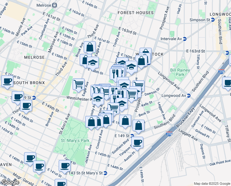 map of restaurants, bars, coffee shops, grocery stores, and more near 700 Wchester Avenue in Bronx