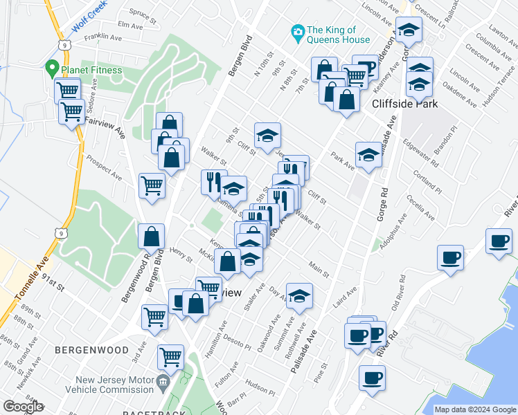 map of restaurants, bars, coffee shops, grocery stores, and more near 221 4th Street in Fairview