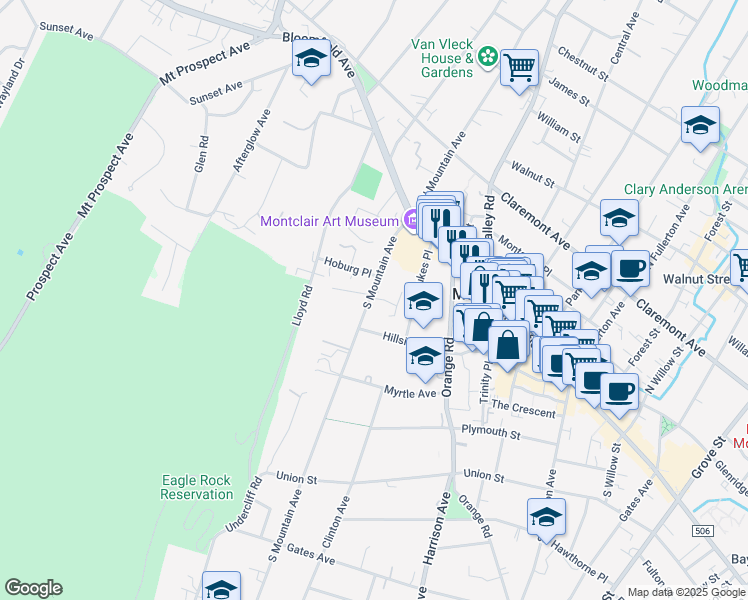 map of restaurants, bars, coffee shops, grocery stores, and more near 51 South Mountain Avenue in Montclair