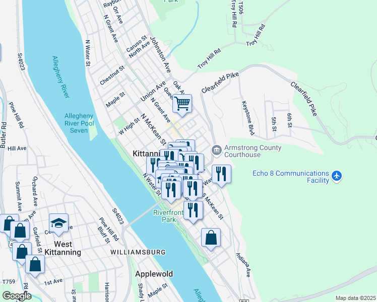 map of restaurants, bars, coffee shops, grocery stores, and more near 325 Arch Street in Kittanning