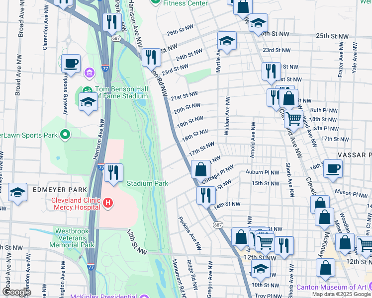 map of restaurants, bars, coffee shops, grocery stores, and more near 1714 Fulton Road Northwest in Canton