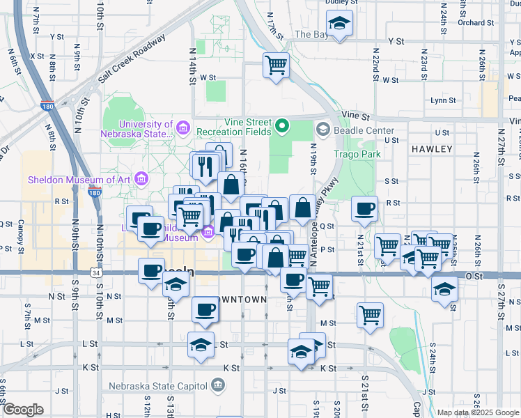 map of restaurants, bars, coffee shops, grocery stores, and more near 1619 R Street in Lincoln