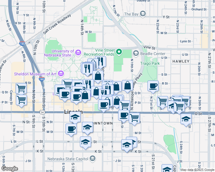 map of restaurants, bars, coffee shops, grocery stores, and more near 1619 R Street in Lincoln