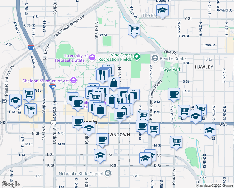 map of restaurants, bars, coffee shops, grocery stores, and more near 1515 R St in Lincoln