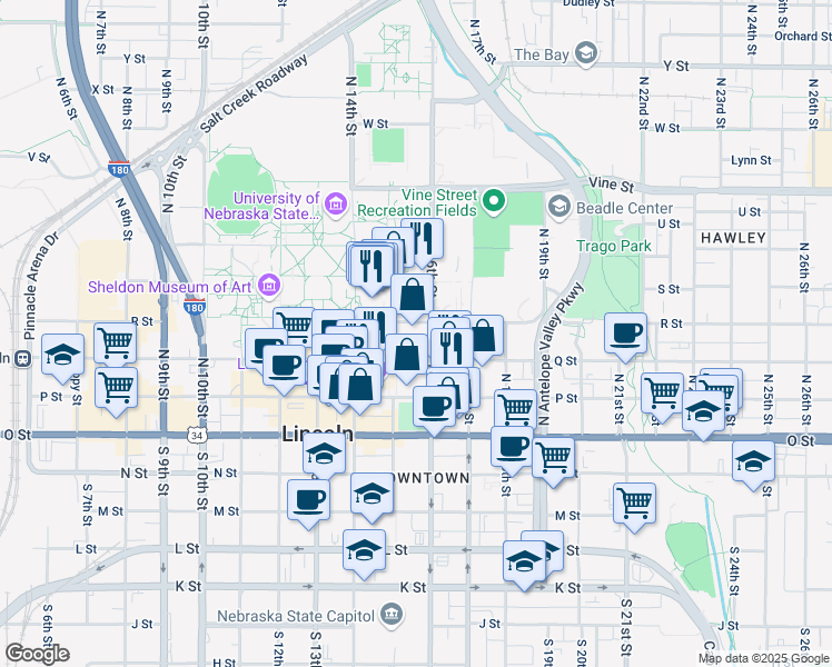 map of restaurants, bars, coffee shops, grocery stores, and more near 1515 R St in Lincoln
