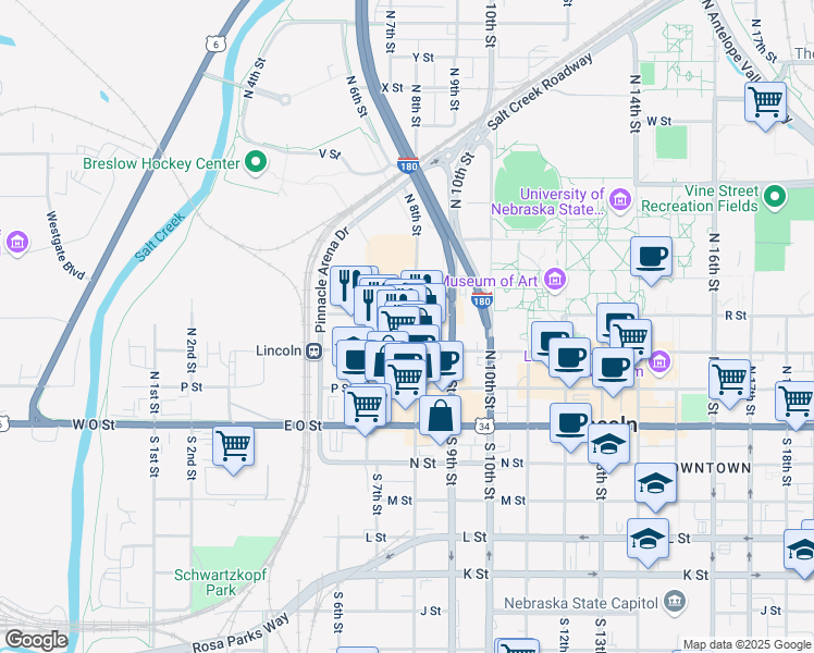 map of restaurants, bars, coffee shops, grocery stores, and more near 350 North 7th Street in Lincoln