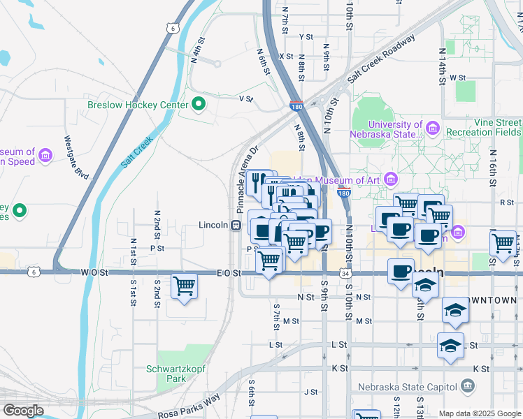 map of restaurants, bars, coffee shops, grocery stores, and more near in Lincoln