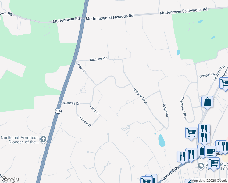 map of restaurants, bars, coffee shops, grocery stores, and more near 2082 Edge Road in Syosset