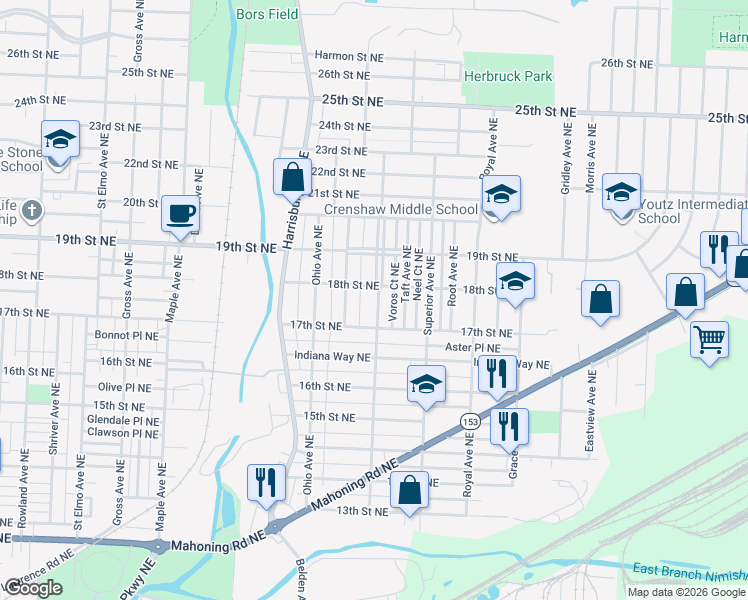 map of restaurants, bars, coffee shops, grocery stores, and more near 1724 Edwards Avenue Northeast in Canton